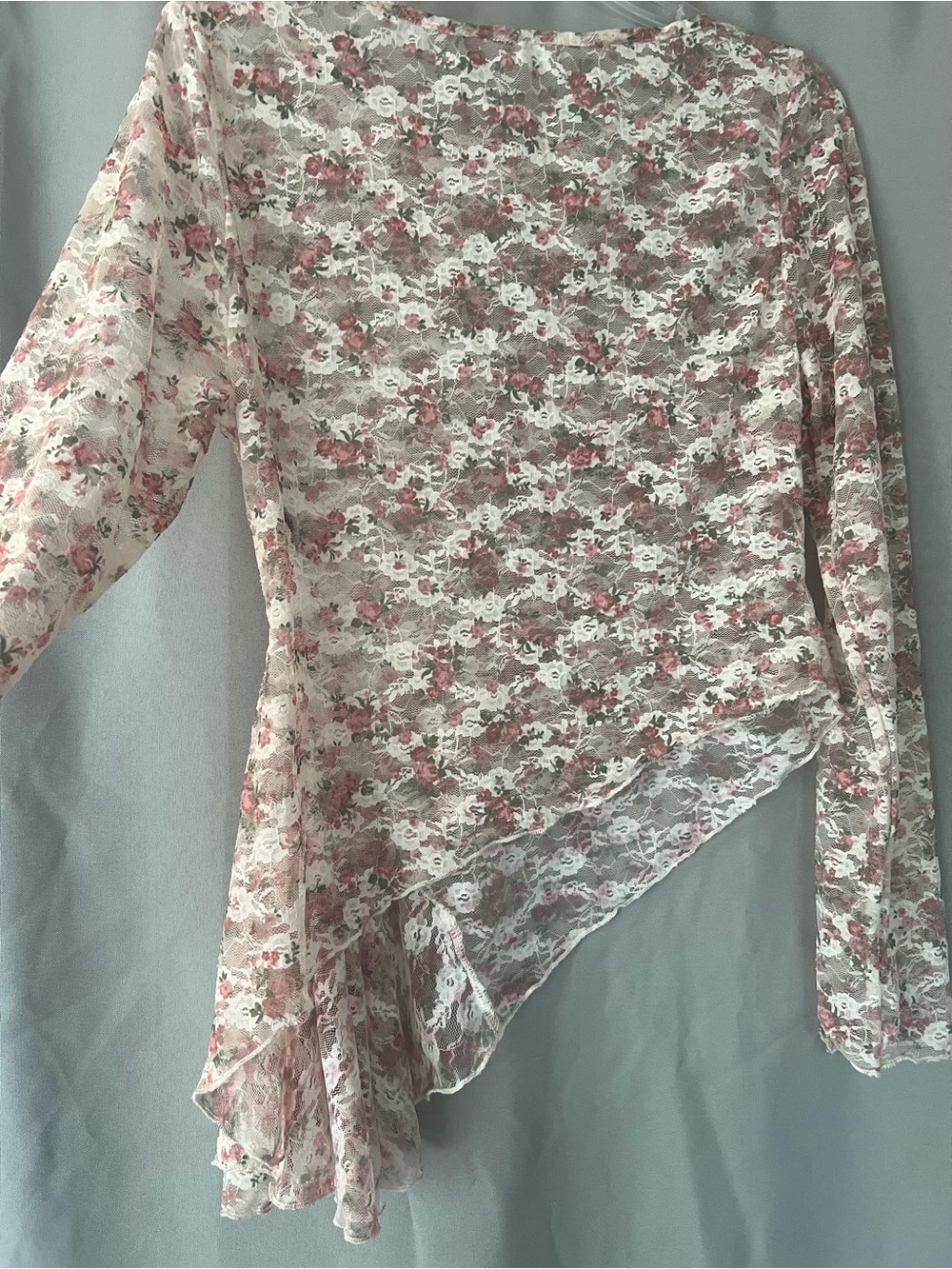 Asymmetric Floral Lace Long-Sleeve Tunic - Pink/White - Picture 5 of 6